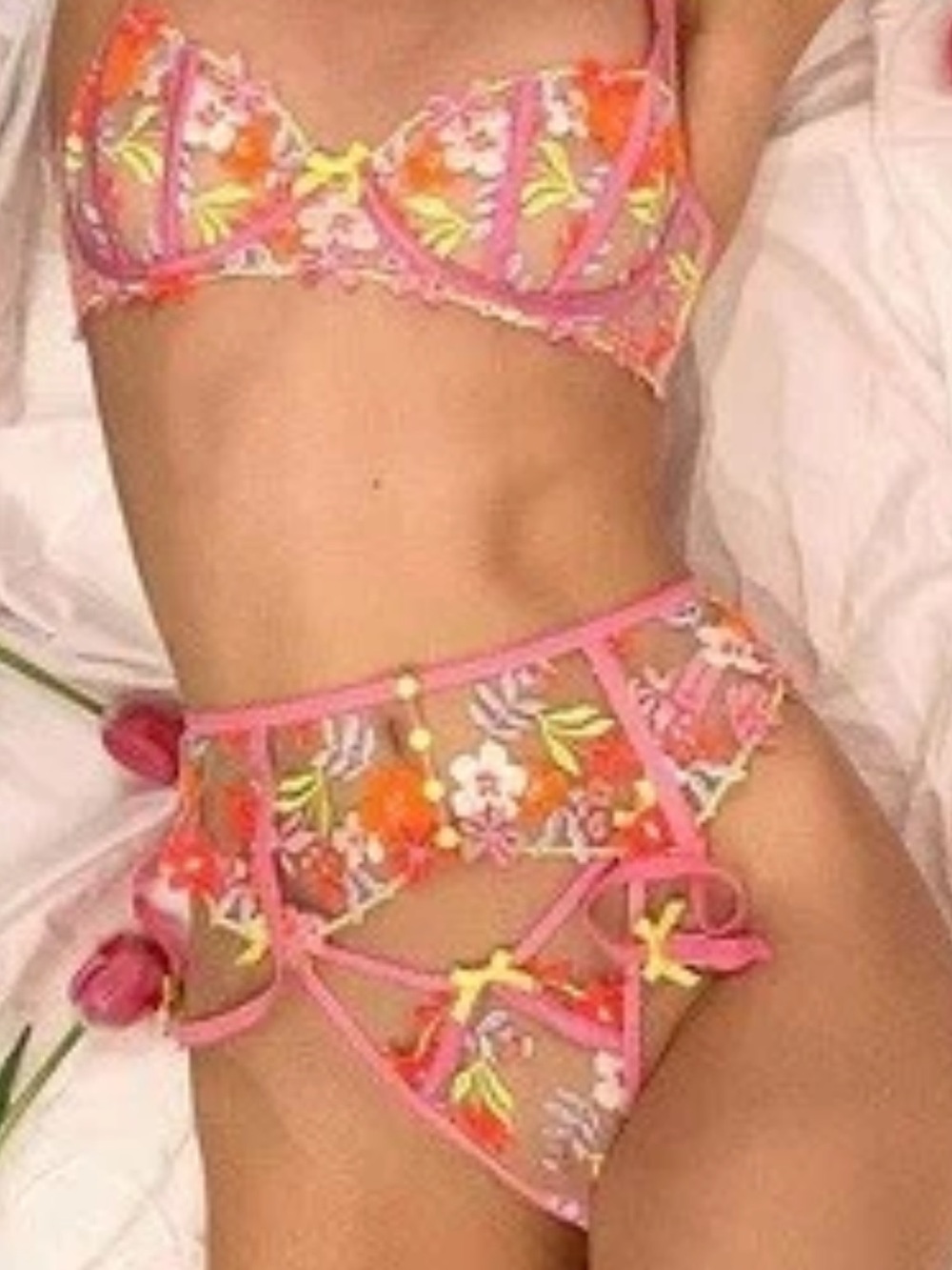 For Love & Lemons Neon Floral Lace Suspender Belt